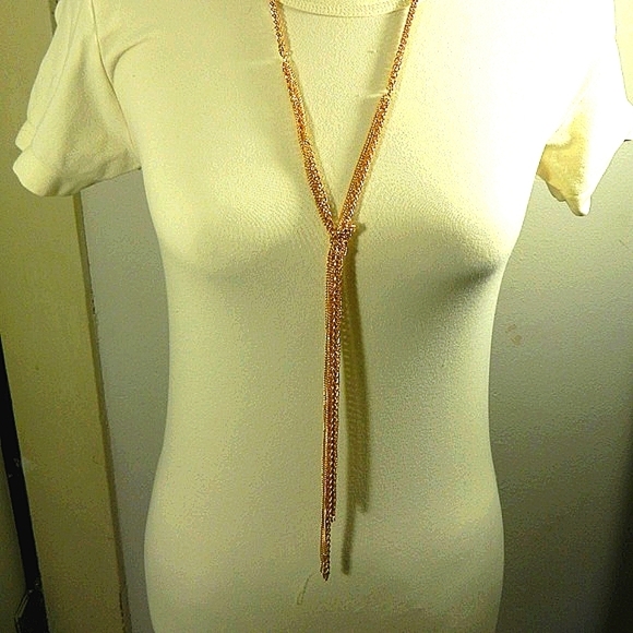 Gold Tone Multi Chain Knotted Y Necklace 36" Old Money Quiet Luxury Statement - Picture 3 of 3